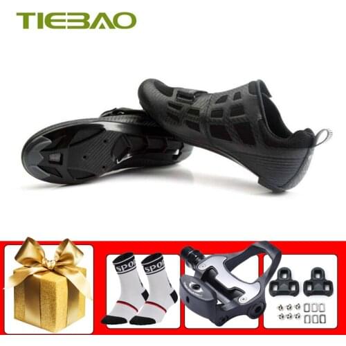Tiebao Triathlon Cycling Shoes Unisex Breathable Self-locking Sapatilha Ciclismo Ultra-light Racing Bicycle Flat Shoe Add Pedals