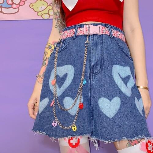 Japanese A-Line Denim Skirt Women Summer Love Print Hot Girl High Waist Short Skirt Harajuku Y2k Sweet Cute Mini Streetwear
