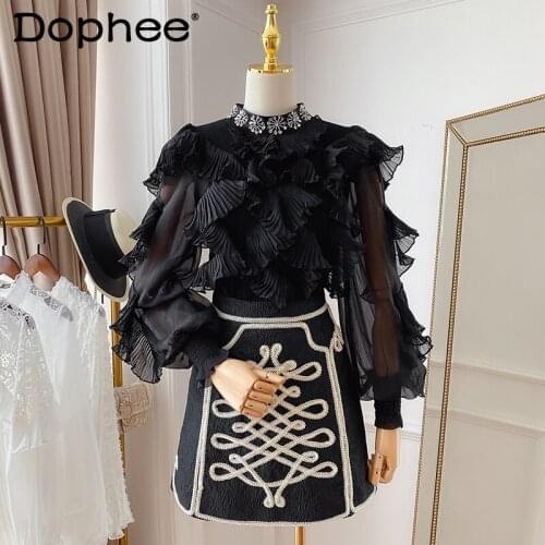 2021 Spring New Ruffled Knited Shirt Women Palace Style Mesh Stitching Lantern Long Sleeve Pullover Thin Sweater Bottoming Tops