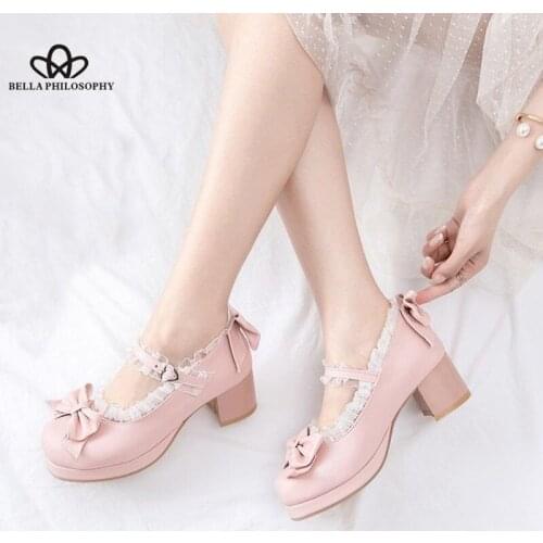 Bella 2021 New Sweet Lolita Ruffles Bowknot Lace Bridal Wedding Shoes Women High Heel Bordered Princess Dress Men Pink Plus Size