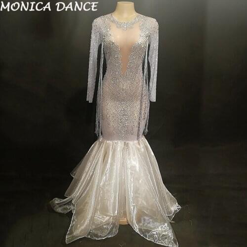 Women Sexy Stage Net Yarn Long Dress Full Silver Bling Sparkling Crystals Nightclub Party Stage Wear Singer Dancer Costume Dress