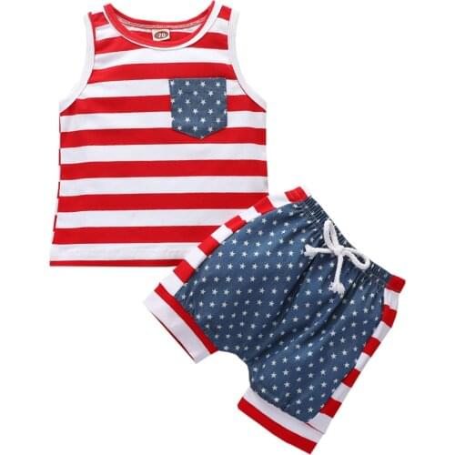 2021 2Pcs Outfit Independence Day Toddlers Little Girls Boys Round Collar Sleeveless Striped Top Star Printing Splicing Shorts