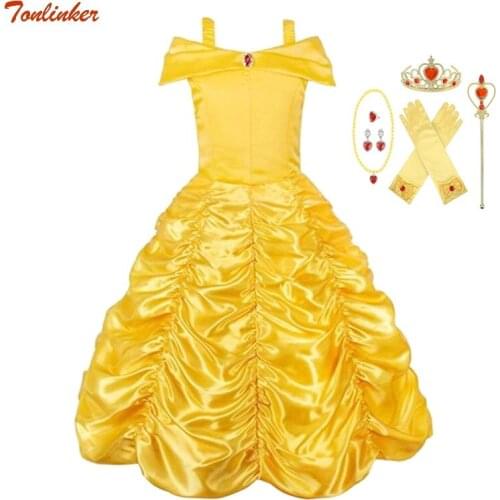 2019 Halloween Cosplay Belle Princess dress Magic stick crown Children Costume For Kids Xmas Birthday Ball Gown Dresses yellow
