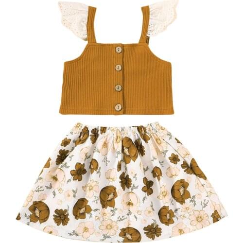 2021 0-6Y Toddler Girls Casual Clothes Set Boat Neck Lace Fly Sleeve Button Vest Top+Floral Printed Pattern Elastic Waist Skirt