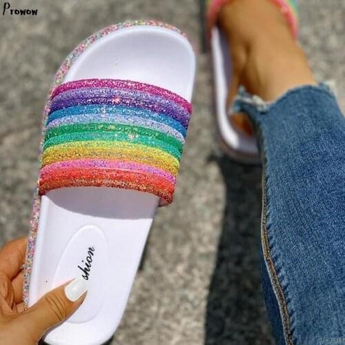 2021 women Rainbow Bling Slippers shoes woman Summer Beach Ladies Slides Flats Shoes Home Women Slipper Outdoor Footwear Sandal