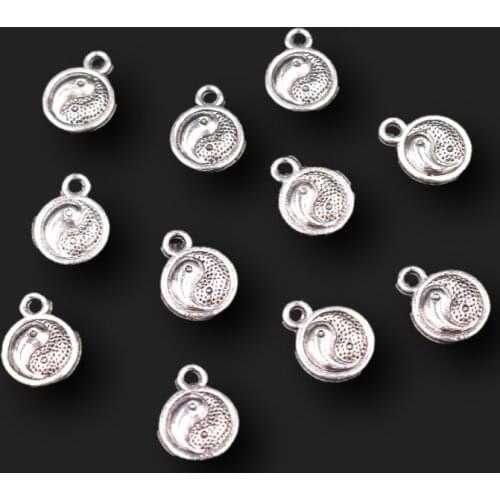 40pcs Silver Plated Mini Taoist Jiugong Bagua Yin Yang Tai Chi Figure Metal Tag Pendants DIY Charms For Jewelry Crafts Making