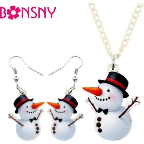 Bonsny Acrylic Christmas Gentlemen Snowman Jewelry Set Necklace Earrings Anime Festival Jewelry For Women Girls Charm Gift 2019
