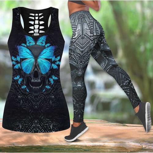 FCCEXIO Skull Print Fitness Summer Sportwear Women Plus Size Wokout Shorts Yoga Outfit Gym Casual Tank Top Sports Set Bottoms