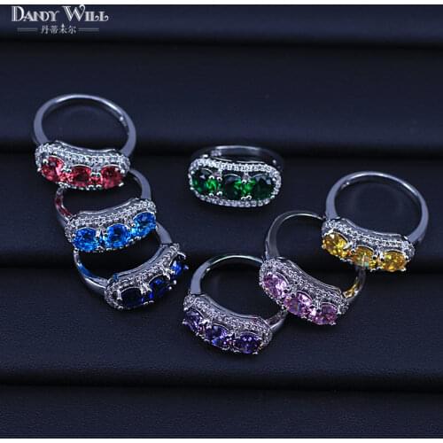 7 Colors Fashion Simple Design Red Green Blue Cubic Zirconia Stones Rings Set For Women CZ Wedding Engagement Jewelry R056