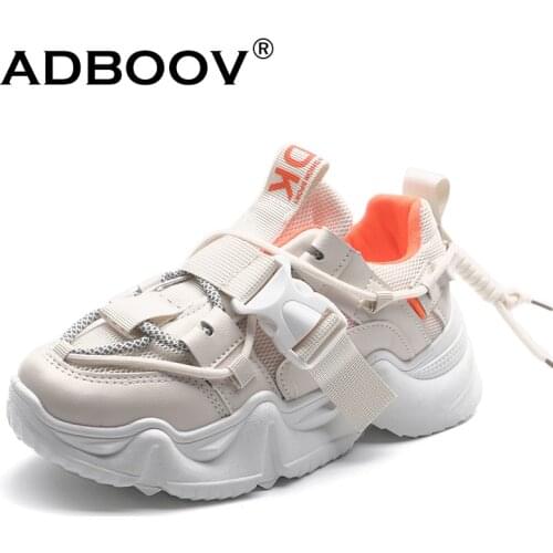 ADBOOV Buckle Chunky Sneakers Women Leather Mesh Upper Fashion Casual Shoes Female Height Increasing 5 CM Ladies Shoes