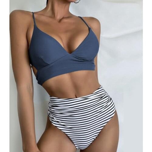 Summer Women Bandage High Waist Bikini Swimsuit Backless Swimming Suit For Female Blue Swimsuits Beach Vacation Suit Swimwear