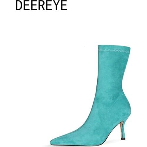 Fashion Winter Women Ankle Booties Slip On Suede Stilettos Metal High Heel Sock Short Plush Boots Pointed Toe Shoes HBE440