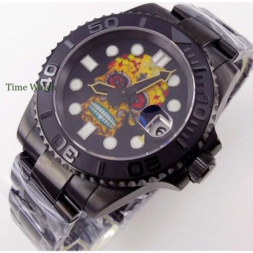 Skull Dial 40mm Fully Black Mens Automatic Watch Japan NH35 Movement PVD Coated Sapphire Glass Glide Lock Band Ceramic Insert