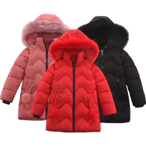 2021 Winter New Long Girls Jackets Thick Warm Fur Collar + Wave Design Fashion Solid Color Hooded Outerwear For 4-10 years old