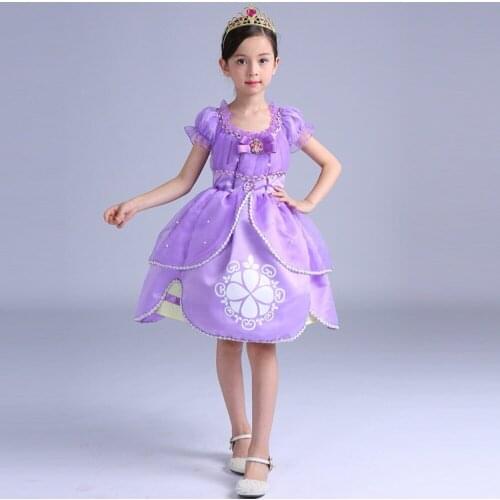 New Top quality cotton girl dress sofia princess purple Fluffy dress big petals princess Sophia kid Casual cartoon party dress