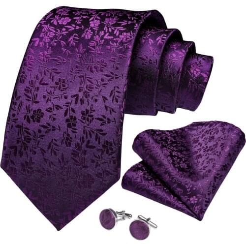 New Designer Men Tie Purple Solid Floral Silk Wedding Tie For Men Hanky Cufflinks Business Gift Tie Set For Men DiBanGu SJT-7267