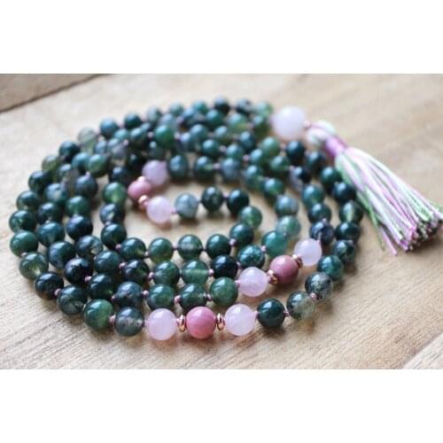 On Sale Aquatic Agates Mala Beads 108 Mala Necklace RoseQuartz&Rhodonite Necklaces Meditation Necklace Knotted Necklaces