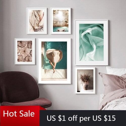 Simple Style Landscape Green Posters Prints Hat Wall Decor Art Nordic Canvas Painting Womans back Pictures for Home Room Decor