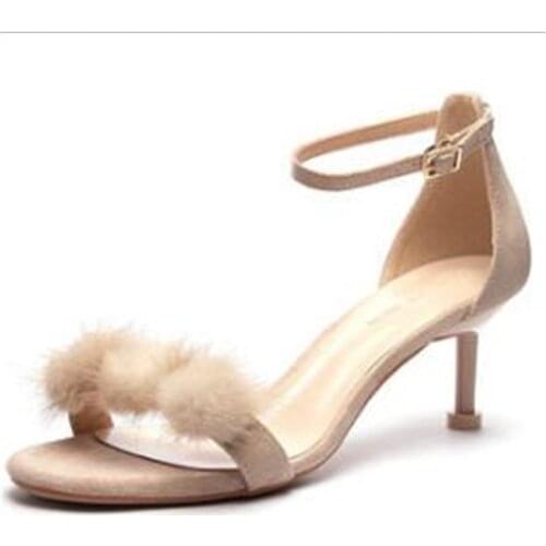 Sandals Women Mid Heel Summer Slip-on Buckle Ladies Shoes Round Toe Buckle Strap Flock 6.5CM Thin High Heels women shoes black