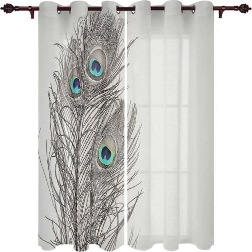 Peacock Feather Grey Simple Window Curtains Kitchen Bedroom Decor Christmas Curtains Home Draperies Curtains for Living Room