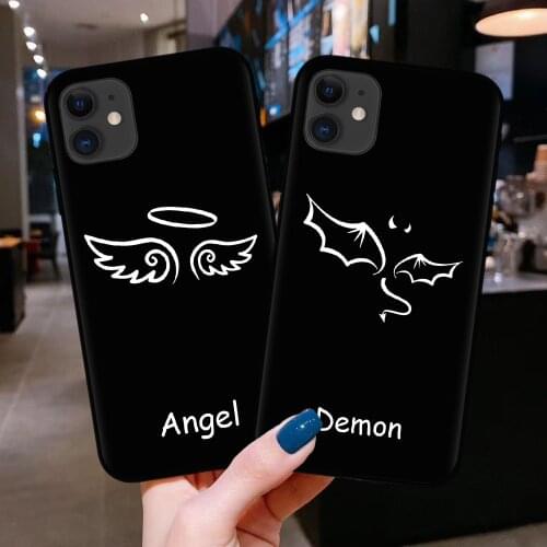 Cute Demon Angel Couples Phone Case For iPhone 11 Pro 12 XS MAX 7 X SE 2020 X XR 6 8Plus Black Silicone Cover Matte Fundas Coque