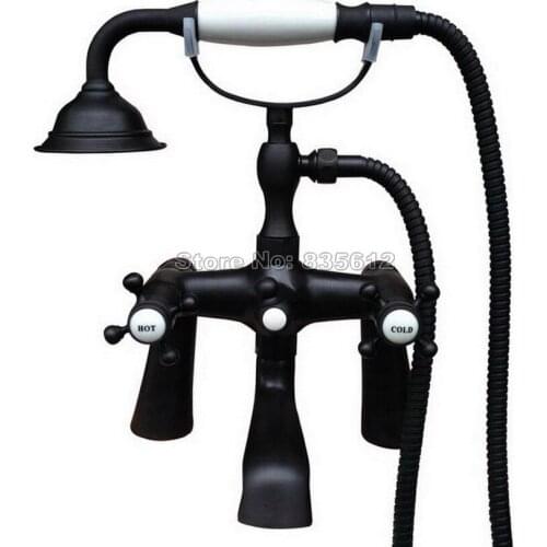 Deck Mounted Classic Black Oil Rubbed Bronze Bathroom Dual Cross Handle Bathtub Faucet with Handheld Shower Mixer Taps Wtf502