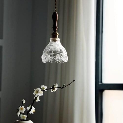 Concice glass bedroom bedside lounge tea room bar counter decor hanging lights Japanese style walnut wood restaurant chandelier