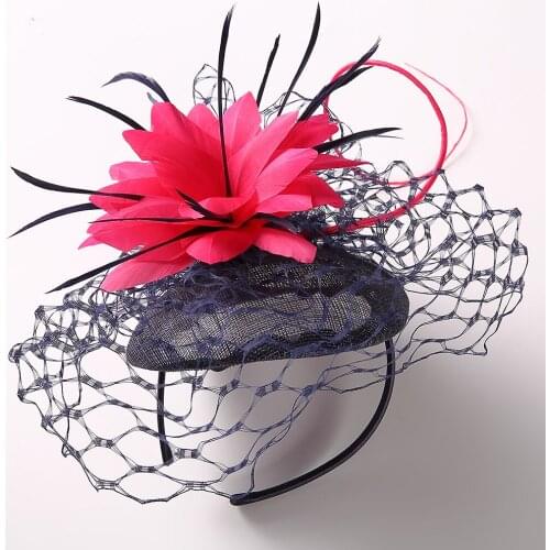 New Blue Fascinator Elegant Fedora Hats for Women Veil with Red Big Flower Lady Caps Linen Summer Fashion Wedding Church Hat