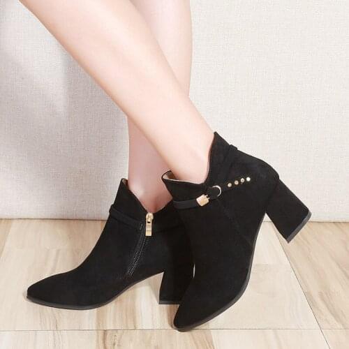 2020 Autumn Winter Shoes Women High Heels Boots Warm Shoes Women Ankle Boots Office Ladies Square Heel 6cm Black Pink A1855