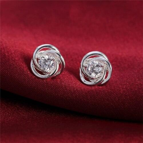 925 Sterling Silver Round Zircon Stud Earrings for Women Wedding Engagement Fashion Charm Jewelry Gift