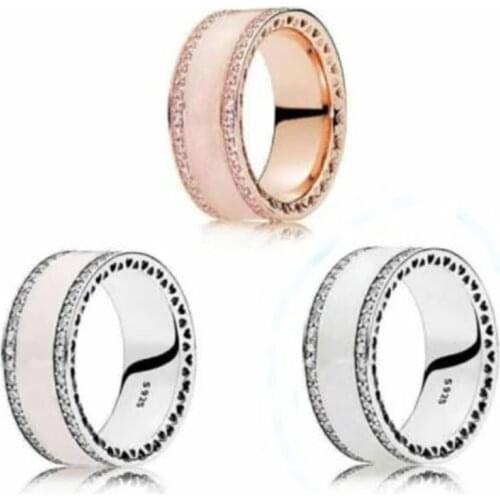 High Quality 925 Sterling Silver Pan Ring Rose Gold Pink Hearts Of Rings With Crystal For Women Wedding Gift Jewelry