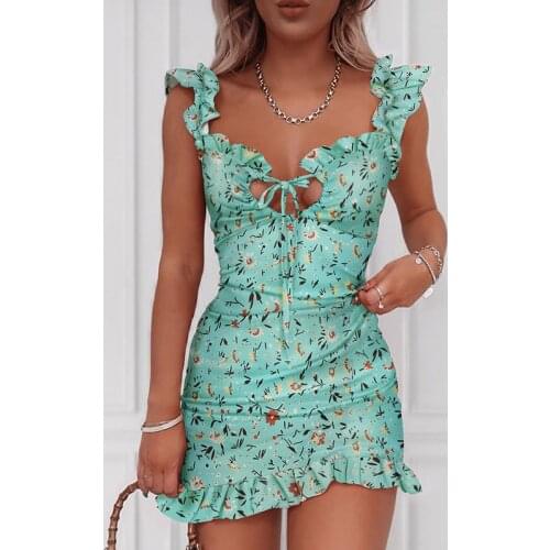 Elegant Floral Print Mini Women Dress Sexy Deep V Neck Short Sleeve Party Dress Summer Beach Style A-Line Female Dress Vestidos