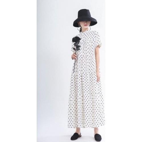 Hot Women Dot Print Button Pleated Dress New stand Neck short Sleeve Loose Fit Fashion Tide long dresses 2020 summer black white