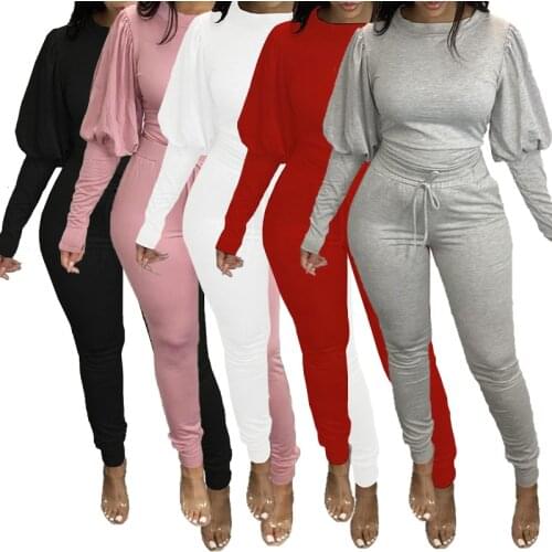 Kalenmos New Puff Sleeve Woman Two Piece Set Home Casual Solid Color Jogger Women Round Neck Tie 4XL Plus Size Ladies Outfits