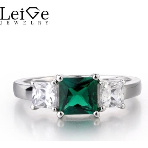 Leige Jewelry Lab Created Emerald Ring Green Gemstone Engagement Anniversary Rings for Women Pricess Cut 925 Sterling Silver
