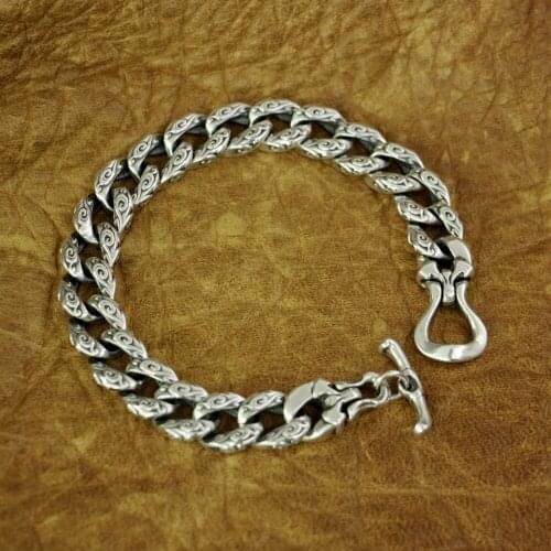LINSION 925 Sterling Silver Auspicious Clouds Chain Mens Biker Punk Bracelet TA156