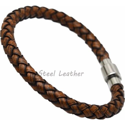 5pcs/lot Custom Logo Multilayer Braided Leather Bracelet Men Stainless Steel Magnetic Clasp Trendy Men Bracelet Woven Bangle Arm