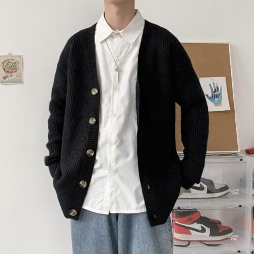 Korean Fashion Sweater Men Autumn Winter Single-Breasted Cardigan Outwear Male Black Gray Khaki Casual Knitwear Coats