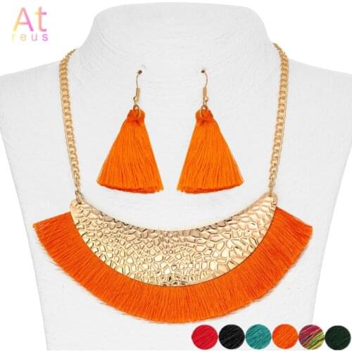 Orange Wide Fringe Bib Necklace Set For Women Long Tassel Drop Earrings Nigeria Wedding Jewelry Set Gold Color Metal bijoux