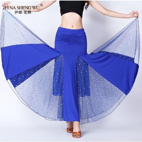 Women Belly Dance Practice Big Swing Long Sequin Skirt Flamenco Dance Costume Ballroom Long Skirts Women Dancewear Adult New