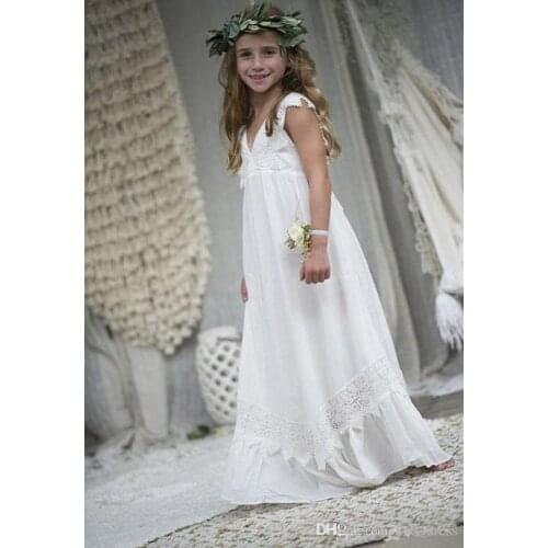 2021 New Boho Flower Girl Dresses For Wedding Communion Dresses Cap Sleeve A-Line Floor Length Beach Chiffon Lace Child Pageant