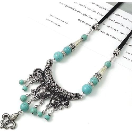LosoDo necklace for women new style retro Ethnic style handmade necklace Miao silver turquoise long style tassel fashion jewelry