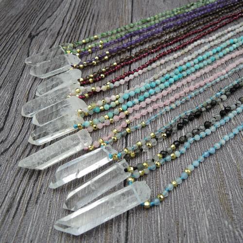 Natural Quartz Point Pendants Necklaces 4mm Natural Crystal Faceted Round Beads Knot Handmade 30Inch And 40Inch