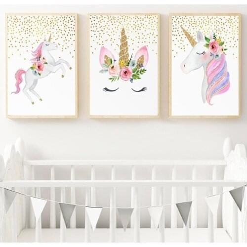 Self-adhesive Wall Stickers Cartoon Unicorn Painting Nursery Flowers Heart Poster And Print Wall Art Pictures Bedroom Home Decor