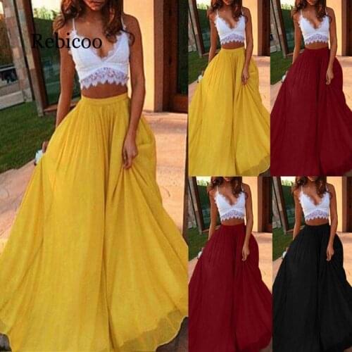 Women Skirt Summer Fashion Long Hippie Spring Casual Solid Color Midi Skirt Chiffon Skirts Daily