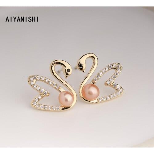 AIYANISHI 18K Gold Filled Natural Freshwater Peal Goose Stud Earrings Women Engagement Pink Swan Pearl Earrings Fashion Jewelry