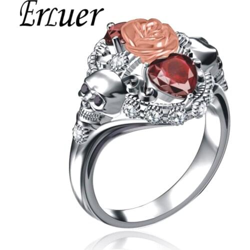 Austrian Crystal CZ Gothic Skull Flower Rose Rings For Women Girls Silver Plated Luxury Jewelry Punk Fashion Gifts Ring