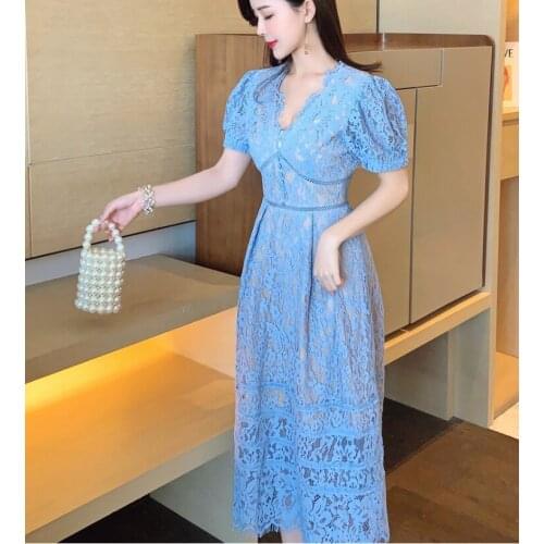 WTIANYUW 2021 Summer New Womens Blue/Red Hollow out Flower Lace Dress Sexy V-neck Backless High-waist Slim Holiday Dress