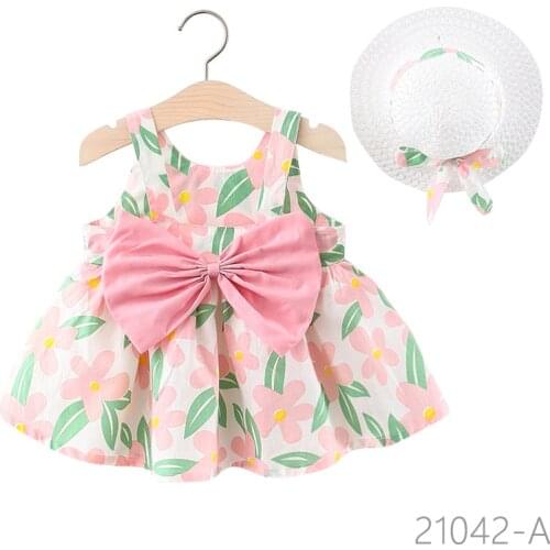 2021 Summer Baby Girls Dresses For Baby Casual Beach Bow Print Sundress Princess Dress Infant Dress Newborn Clothes Send Hat