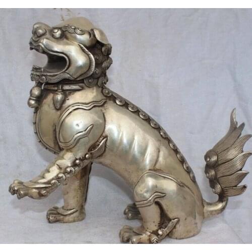 Decoration bronze factory outlets Tibet Silver 11" Chinese Silver Fengshui Foo Fu Dog Lion Beast Incense Burner Censer States